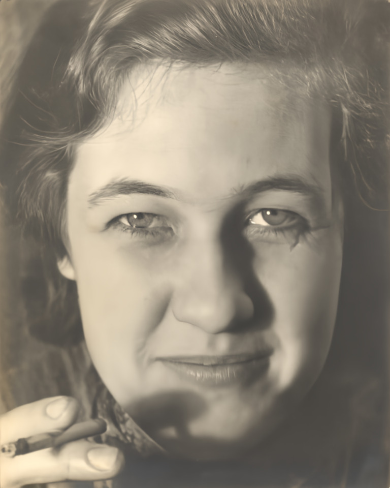 Low-light portrait, after: the same shadowed face, with smoother skin and the dark side still unlit